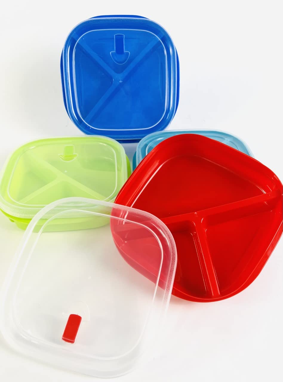 Set of 4 - Microwave Food Storage Containers, Meal Prep Box, Bento Boxes - 3 Section/Compartment Divided Plates w/Vented Lid BPA Free