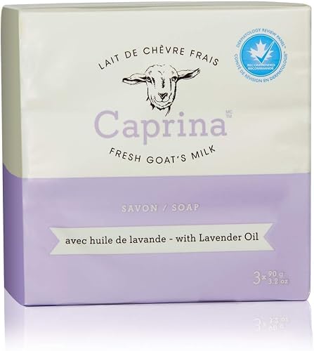 Caprina by Canus Goat Milk Soap Bar, LAVENDER OIL, 3.2 oz (90 g) Bars, 3-Pack, Moisturizing Daily Cleanser for Face, Hands & Body, Fresh Canadian Goat