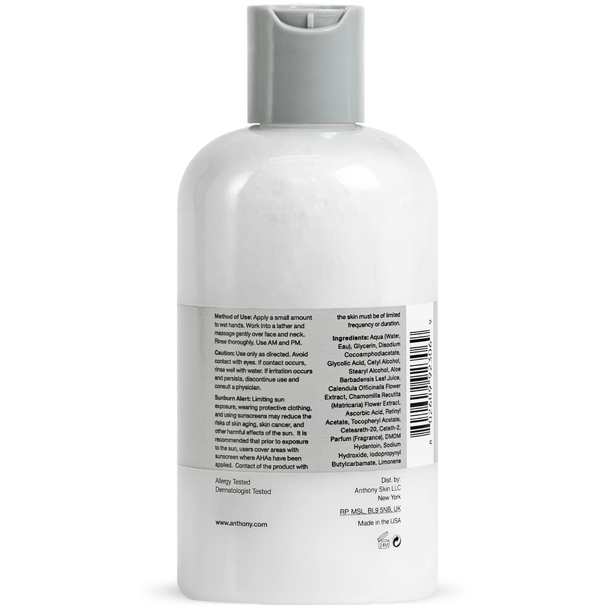 Anthony Glycolic Facial Cleanser for Men, Daily Exfoliating & Hydrating Face Wash, Shave Prep, Non-Foaming, Deep Cleansing, Gentle on Sensitive Skin
