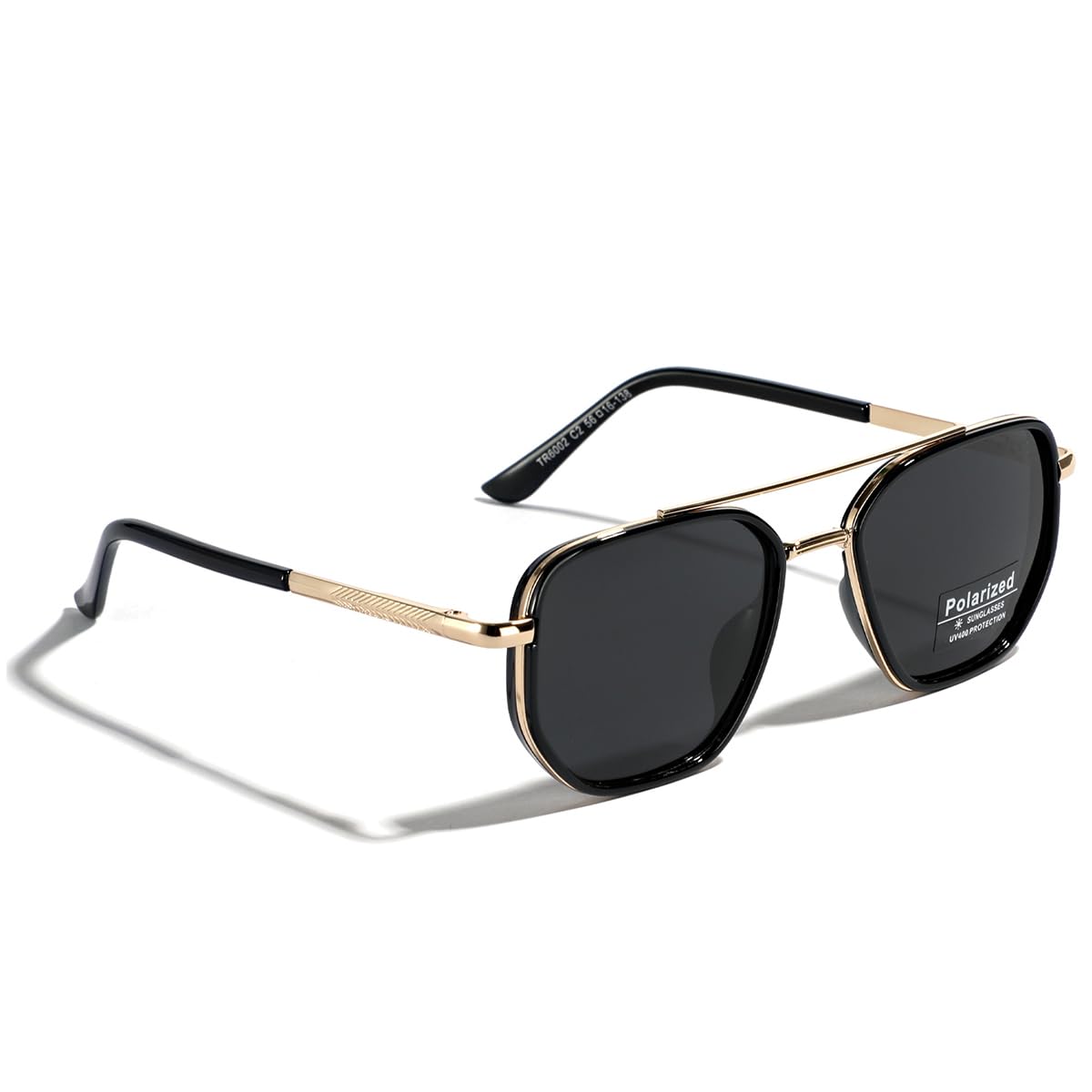 weiyuchen Polarized TR90 Sunglasses Vintage Square Flattop Sun Glasses Double Bridge Metal UV400 Eyewears (gold with black)