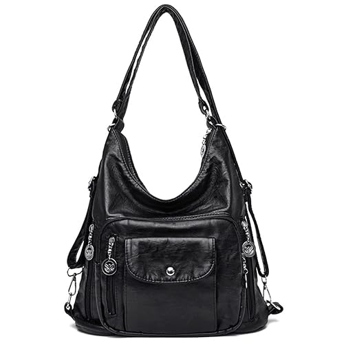 YOUNXSL Convertible Backpack Purse for Women PU Leahter Handbag Fashion Hobo Multiple Pockets Tote Satchel Shoulder Bag Black