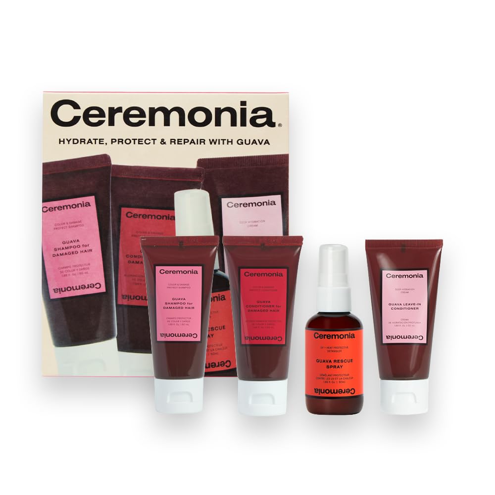 Ceremonia Guava Travel On-the-Go Kit | 4 Piece Hair Care Set to Repair Split Ends & Reduce Frizz | Includes Shampoo, Conditioner, Leave-In