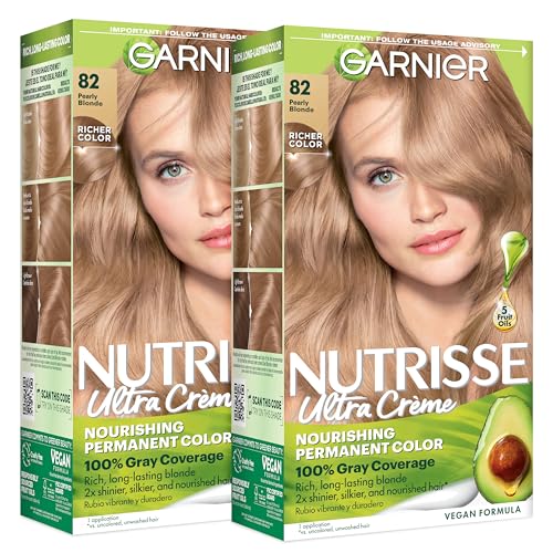 Garnier Nutrisse Ultra Crème Hair Color, Permanent Hair Dye with 100% Gray Coverage, Vegan & Cruelty-Free, 82 Pearly Blonde (Biscotti), 2 Count