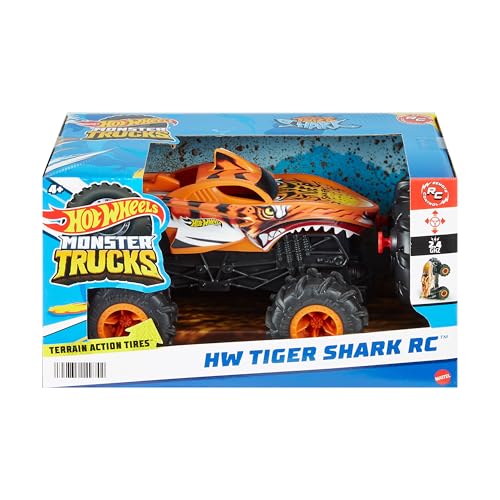 Hot Wheels Monster Trucks RC, 1:24 Scale Tiger Shark Vehicle, Oversized Remote-Control Toy Truck with Terrain Action Tires