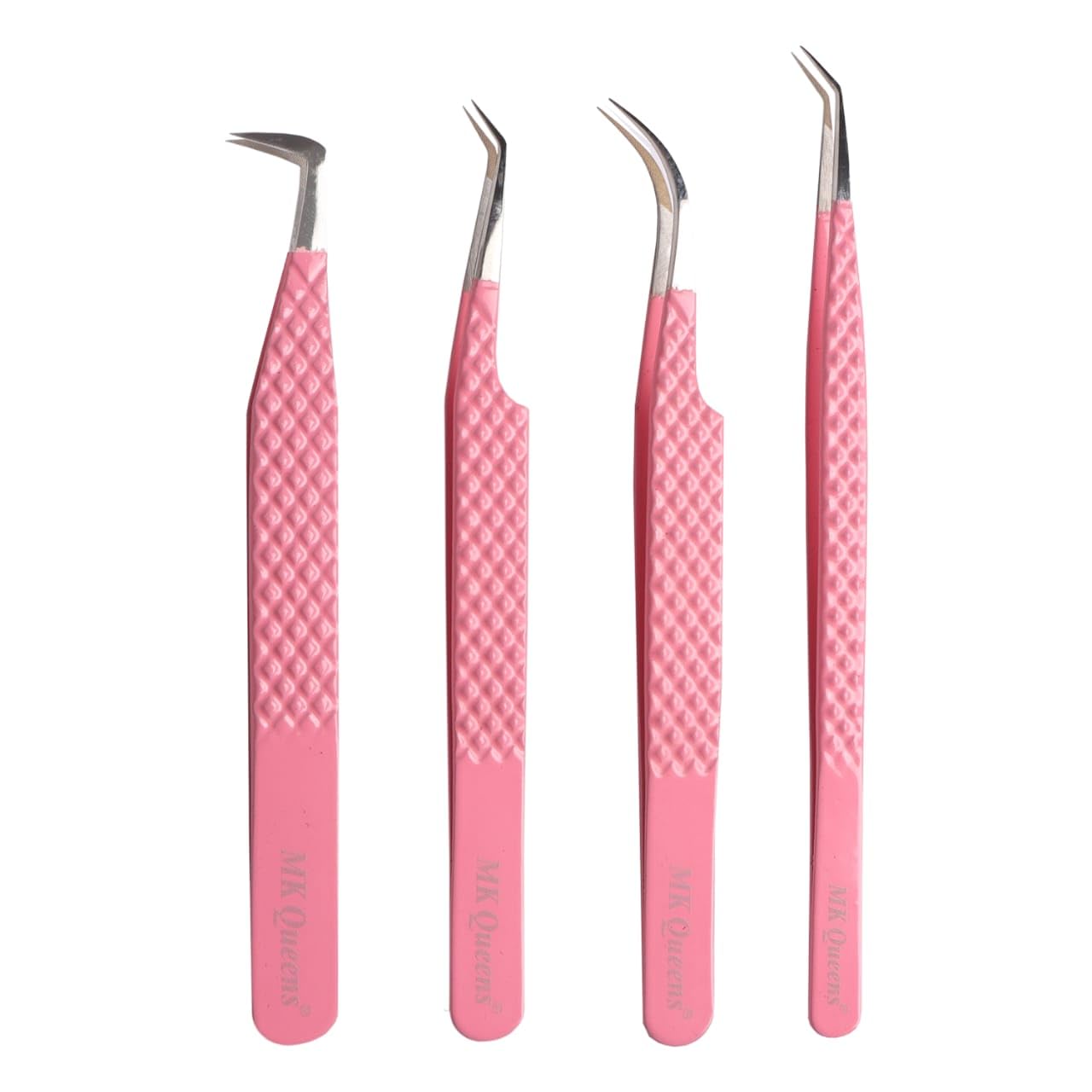 MK Queens Lash Tweezers - Stainless Steel Fiber Tip Eyelash Tweezers (Set of 4) - Diamond Grip Professional Lash Tweezers for Eyelash Extensions