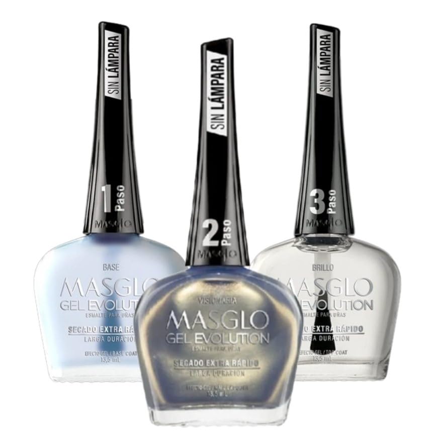 MASGLO GEL EVOLUTION Nail Polish Gel Effect, No UV/Led Lamp, Duration Up to 12 days, 3 PCs Base, Esmalte Color, Brillo (Visionaria, Base y Brillo) Beauty & Personal Care MASGLO