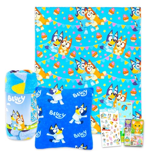 Bluey Travel Blanket and Pillow Set - Bundle with 40"x 50" Throw Blanket, Plush Pillow, Stickers, More | Bluey and Bingo Travel Accessories for Kids,…