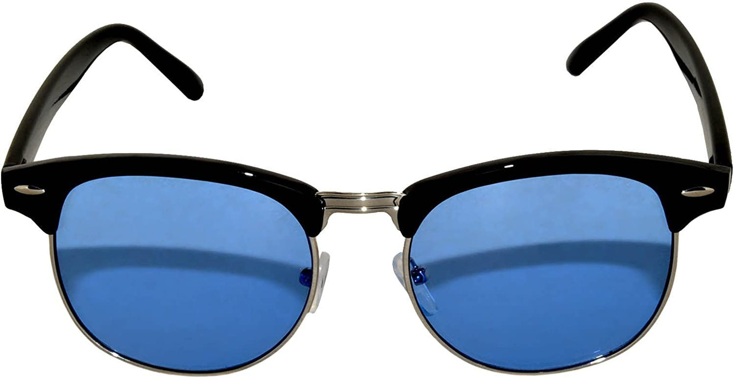 Vintage Retro Silver Metal Half Frame Blue Lens Sunglasses