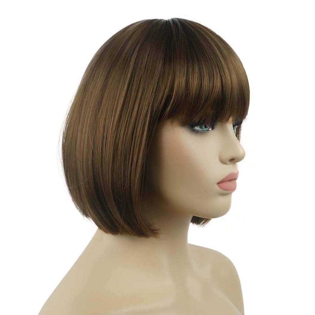 Lydell 8" Straight Short Bob Hair Flat Bangs Cute Central Dot Skin Top Heat Resistant Synthetic Wigs (Light Reddish Golden Brown)