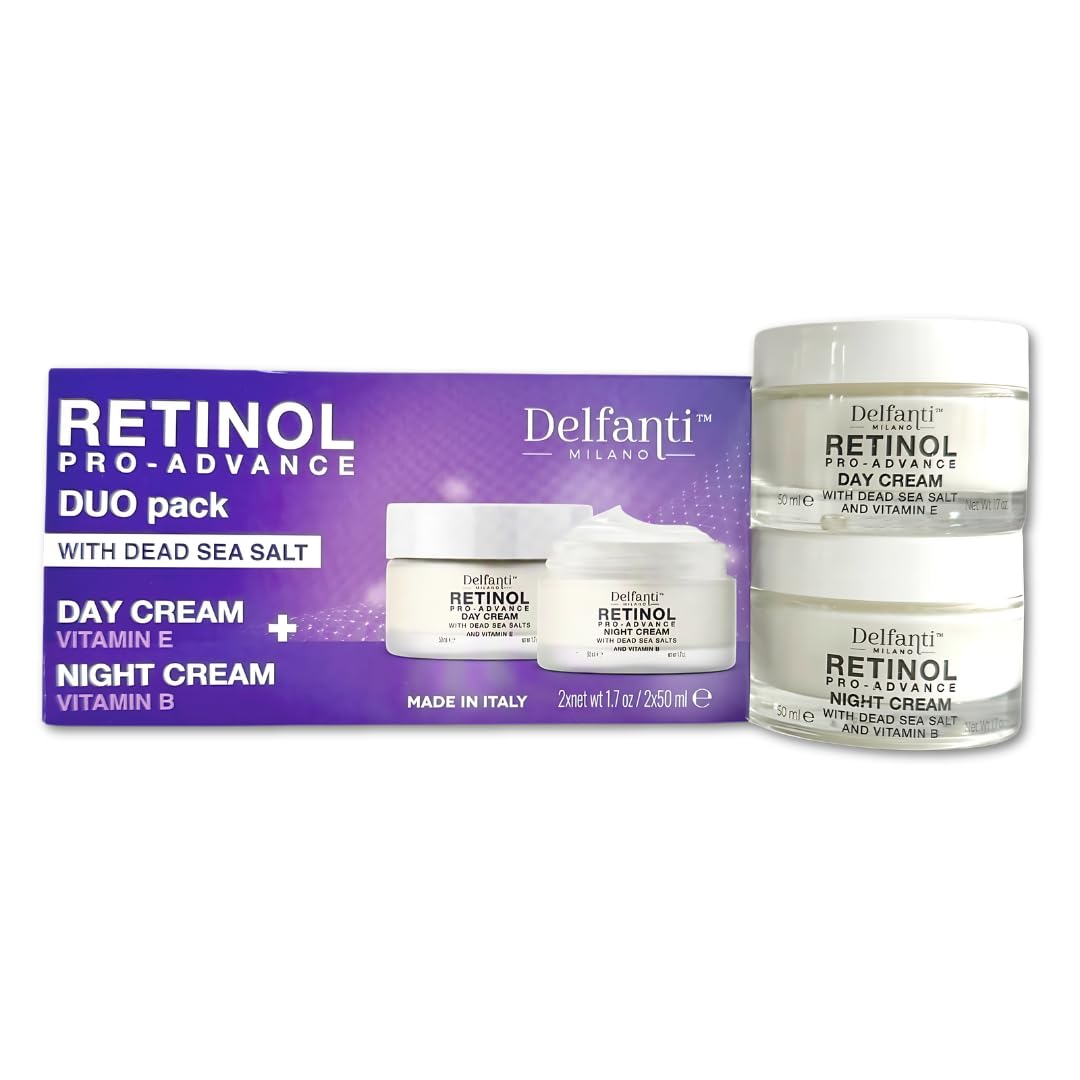 Delfanti-Milano • RETINOL PRO-ADVANCE • Anti-Aging DUO pack • Day + Night Creams • Face and Neck Moisturizers with Dead Sea Minerals and Vitamins E