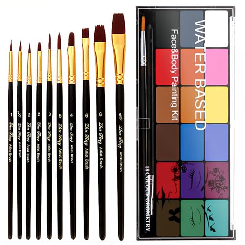 BRIMFULITE Face Painting Kit Non-toxic Body Paint Washable 18 Colors Facepaint Makeup Kit for Adults with 10 Face Paint Brushes for Halloween Party