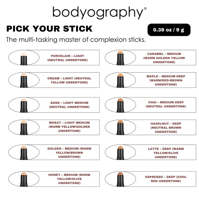 Bodyography Pro Perfect Foundation Stick - Demi-Matte Finish with A Natural Look - Enhancer for Concealing, Highlighting, and Contouring - Vitamin C