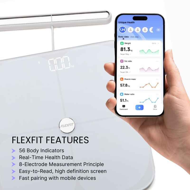 FlexFit Scale for Body Weight and Fat Percentage, 8 Electrodes High Precision Digital Scale Accurate Measurement of 56 Body Indicators, Bathroom…