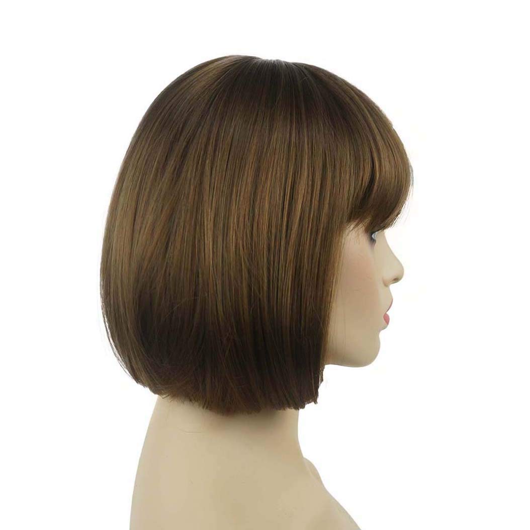 Lydell 8" Straight Short Bob Hair Flat Bangs Cute Central Dot Skin Top Heat Resistant Synthetic Wigs (Light Reddish Golden Brown)