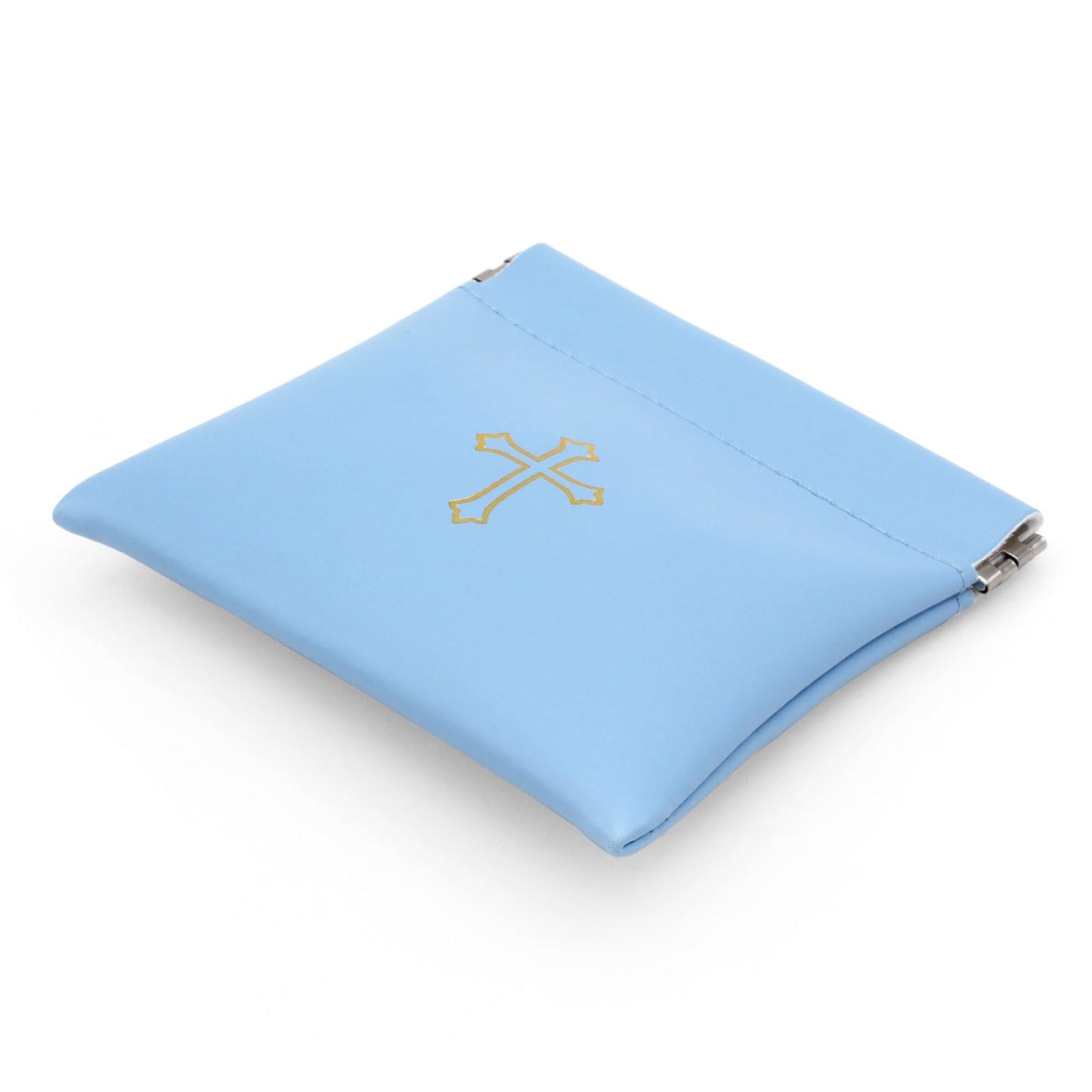 Squeeze Top Rosary Pouch Light Blue Faux Leather with Cross Imprint