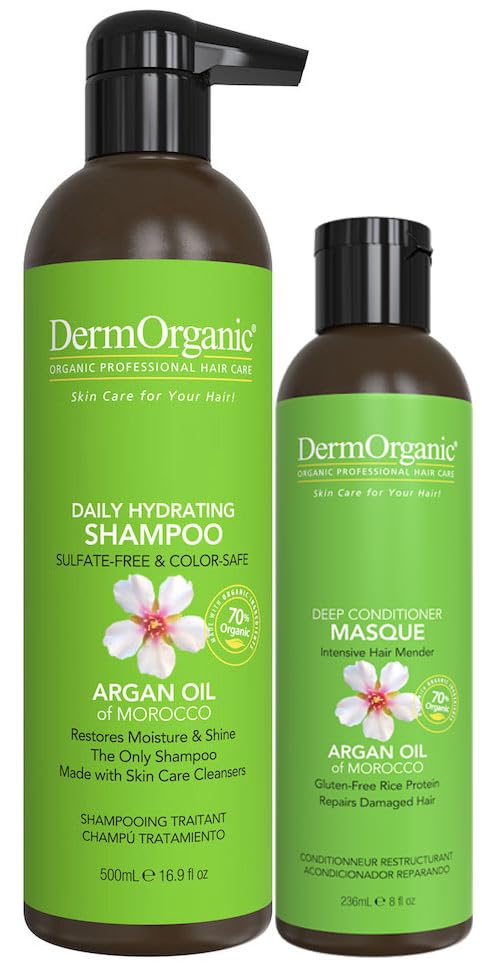 DermOrganic Damaged Hair Duo with Organic Argan Oil, Daily Hydrating Shampoo + Deep Conditioner Masque Sulfate-Free, Color-Safe, Vegan, Gluten-Free (2
