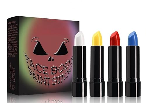 Halloween Face Paint Kit, 4 Colors Lipstick Set?Water-Based Non-Toxic Makeup for Face & Body | Easy Wash Off for Costume Parties, Kids, Adults