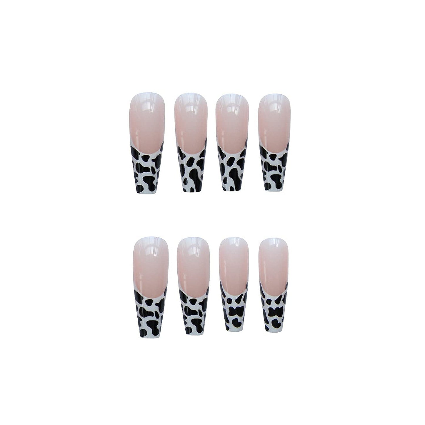 MISUD Press on Nails - Long Coffin Fake Nails with Cow Print, Acrylic French Tip Design 24 pcs