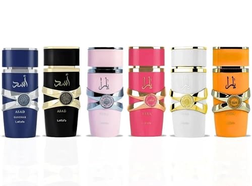 Lattafa Perfume Set - Collection of 6 x 3.4 Oz (100ml): Pink Yara, Yara Moi, Yara Tous, Yara Candy, Asad & Asad Zanzibar - Long Lasting Eau De Parfum