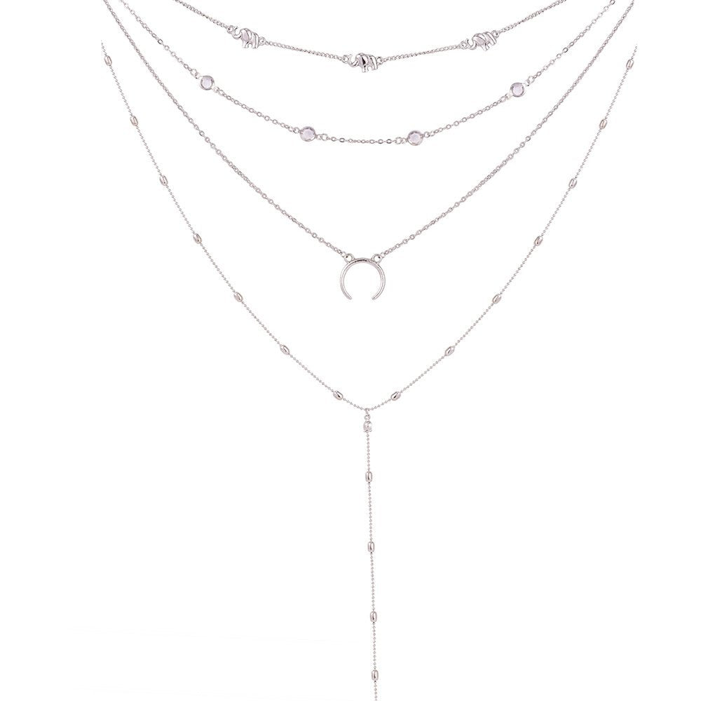 DoubleNine Bohemian Multilayered Necklace Layering Elephant Horn Moon Choker Long Chain Jewelry Accessories for Women Girl (silver)
