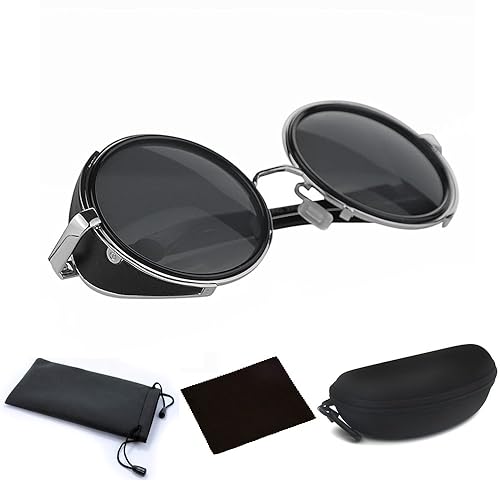 Round Steampunk Sunglasses for Men Women Silver Frame Black Circle Lenses Cyber Goggles Glasses Vintage Retro Design Blinder Fashion Accessories Fashion JJLHIF