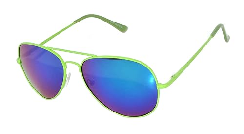 Classic Aviator Sunglasses Neon Green Metale Frame with Spring Hinge Blue Mirror Lens