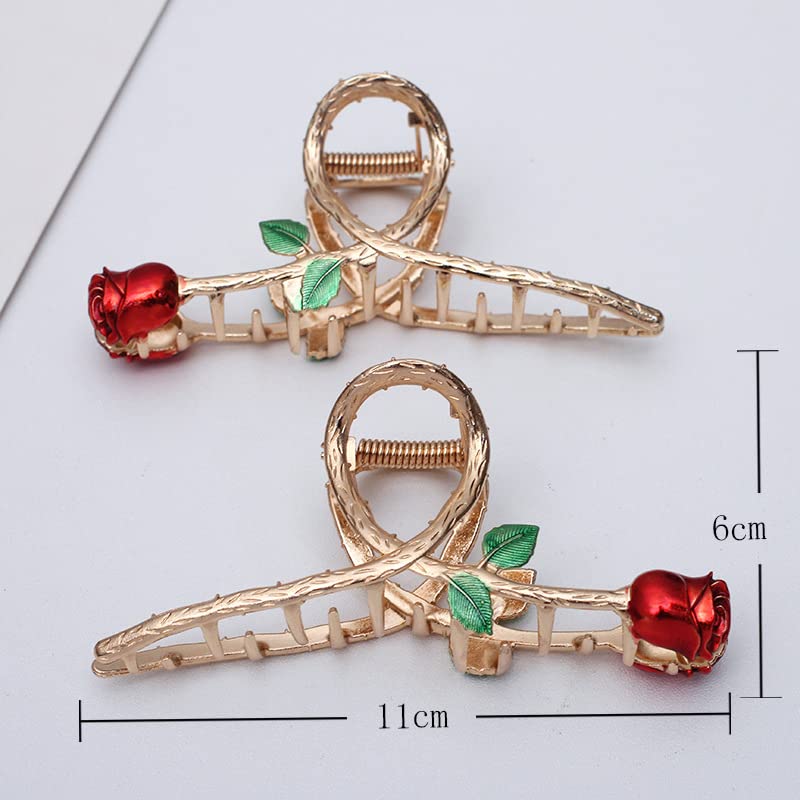 Red Elegant Rose Metal Hair Claw Clips, Large Shark Clips Non-Slip Barrettes for Strong Hold, Fashion Accessories for Long Thick Thin Curly Hair