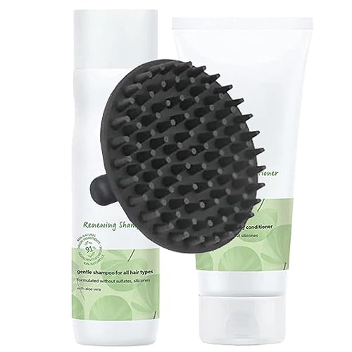 Elements Renewing Shampoo & Conditioner Set and M Hair Designs Scalp Brush (Bundle) - Sulfate-Free, Silicone-Free, Hydrating Hair Care for Soft