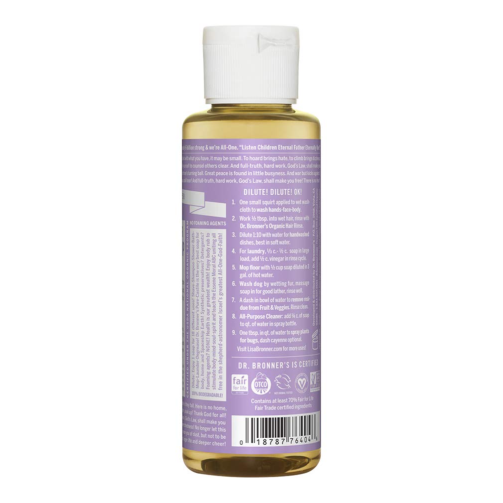 Dr. Bronner's - Pure-Castile Liquid Soap (Lavender, 4 ounce) - Made with Organic Oils, 18-in-1 Uses: Face, Body, Hair, Laundry, Pets and Dishes