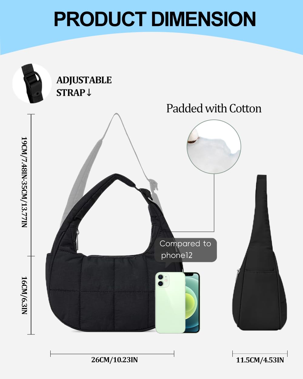 Small Crescent Puffer Purse Shoulder Bag for Women Nylon Quilted Purses Bag Adjustable Shoulder Strap Puffy bag