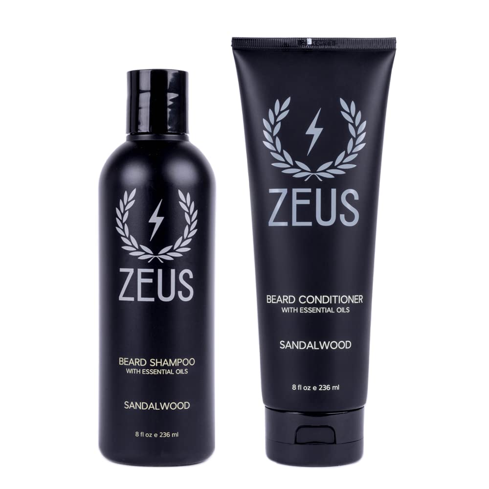 ZEUS Beard Wash Set for Men, Shampoo & Conditioner Duo with Green Tea & Essential Oils, Hydrates, Softens & Strengthens Beard Hair (Made in USA)