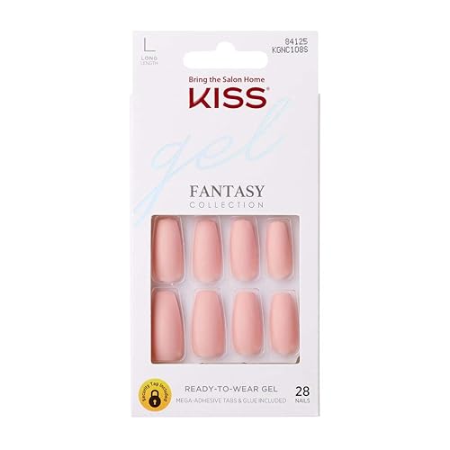 KISS Gel Fantasy Ready-to-Wear Press-On Gel Nails, “All About You”, Long, Pink, Matte Finish, Nail Kit with 24 Mega Adhesive Tabs, Pink Gel Glue