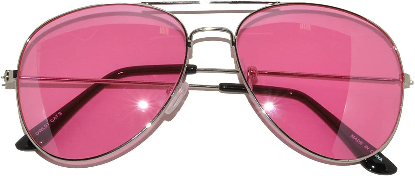 OWL Classic Aviator Style Sunglasses Pink Tint Lens Metal Silver Frame for Women UV400 Protection