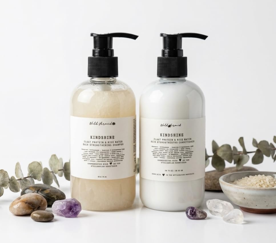 Wild Hermit Wellness KindShine Rice Water and Flaxseed Shampoo and Conditioner Set, 10 oz Each, 2 Count