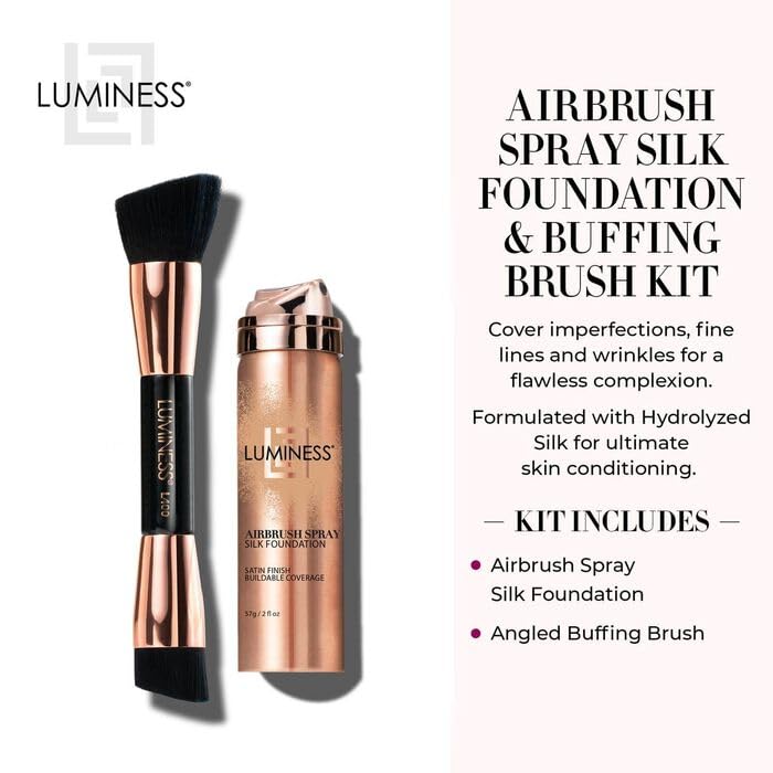 LUMINESS Silk Airbrush Spray Foundation & Buffing Brush Kit - Full Coverage Foundation & Dual-Sided Buffing Brush - Buildable Coverage, Anti-Aging
