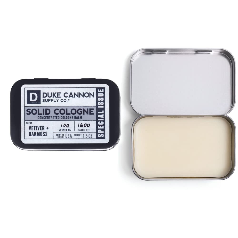 Duke Cannon Supply Co. Solid Cologne for Men Special Issue Vetiver and Oakmoss (Fresh Air, Sandalwood) - Concentrated Balm, Travel-Friendly Tin, 1.5