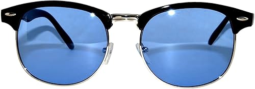 Vintage Retro Silver Metal Half Frame Blue Lens Sunglasses