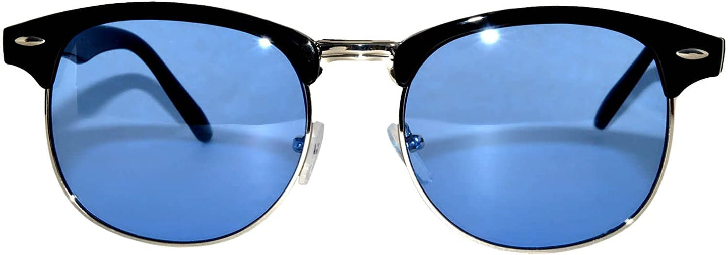 Vintage Retro Silver Metal Half Frame Blue Lens Sunglasses