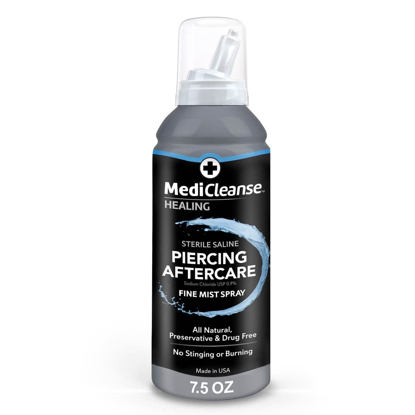 MediCleanse Sterile Saline Piercing Aftercare Fine Mist Spray, 7.5 Ounce, All Natural, No Alcohol, Vegan Friendly, for Piercings and Tattoos, Made in Beauty and Personal Care MediCleanse