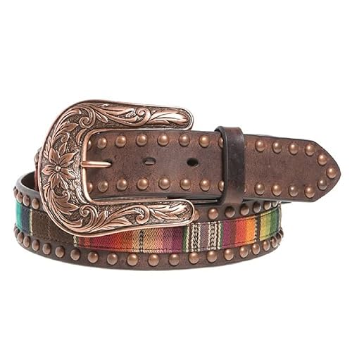 ARIAT Ladies Leather Belt, Multicolor Serape Fabric Center, Copper Studs & Buckle, Large