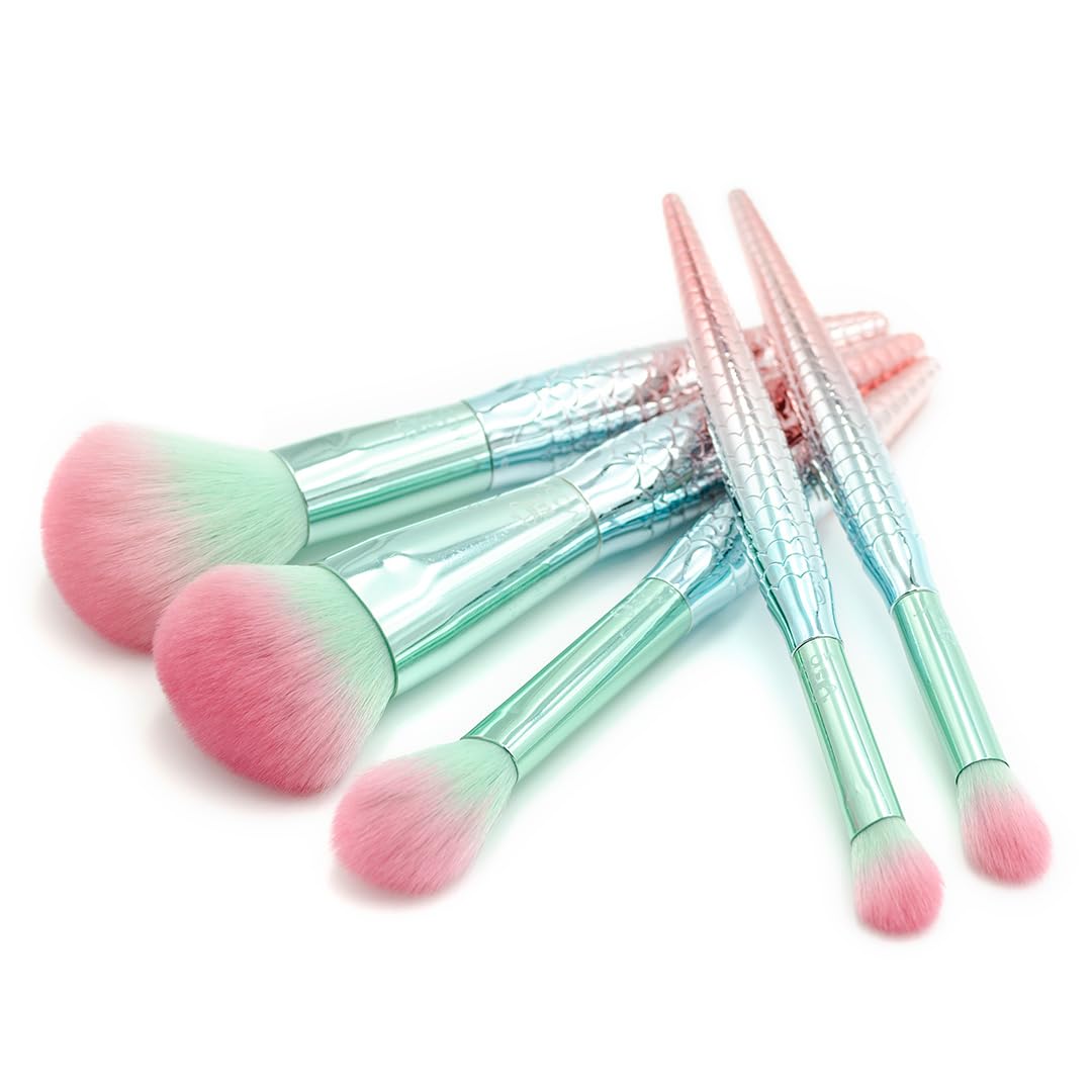 MODA Mythical Splash 6pc Travel-Size Makeup Brush Kit - Vegan Brushes with Holographic Case for Face & Eyes