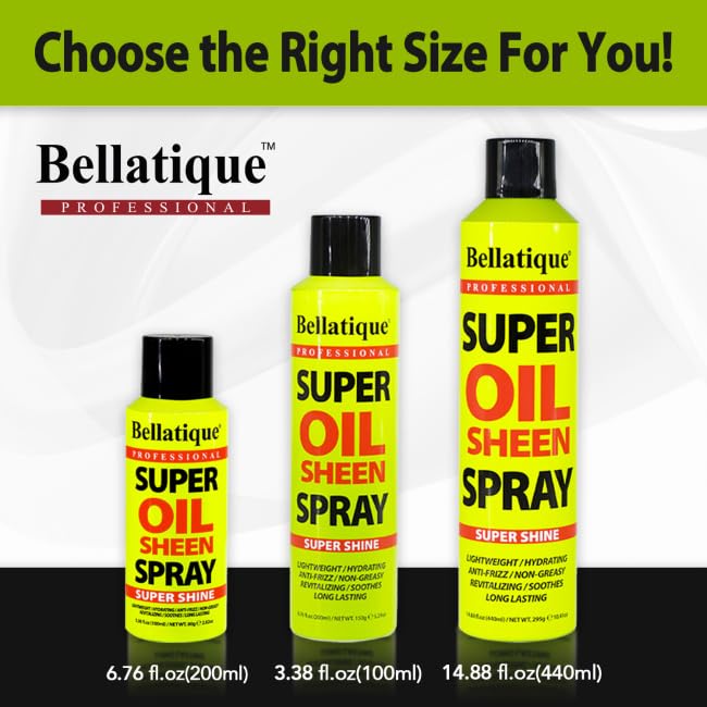 BELLATIQUE Super Oil Sheen Spray - Super Shine. Lightweight, Hydrating, Anti-Frizz, Non-Greasy, Revitalizing, Soothes, Long Lasting, Deep