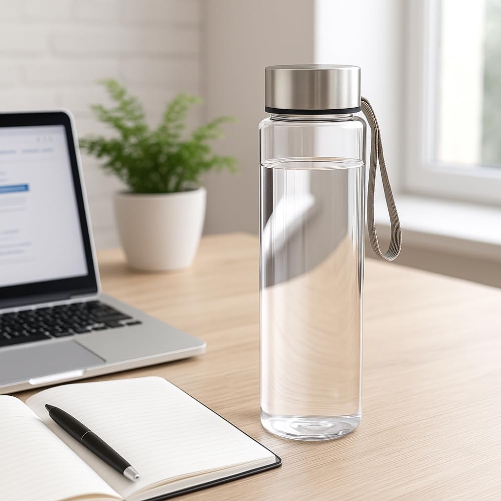 SIT MART 18 oz Clear Plastic Water Bottle with Stainless Steel Screw Cap and Carry Strap - Reusable Drinking Bottle for Travel, Gym, School, Office…