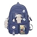 School Backpack for Teen Girls Back to School Aesthetic Cute Adorable Lovely with Pin and Cute Accessory (Blue)