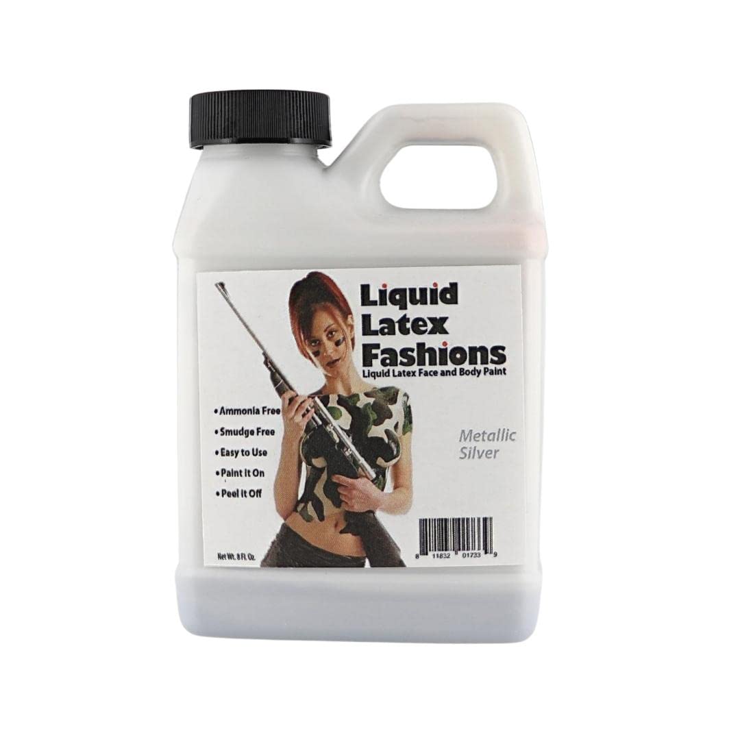 Metallic Silver Liquid Latex - 8 Oz Face and Body Paint, Shimmery Silver Effects for New Year's, Cosplay, Costumes
