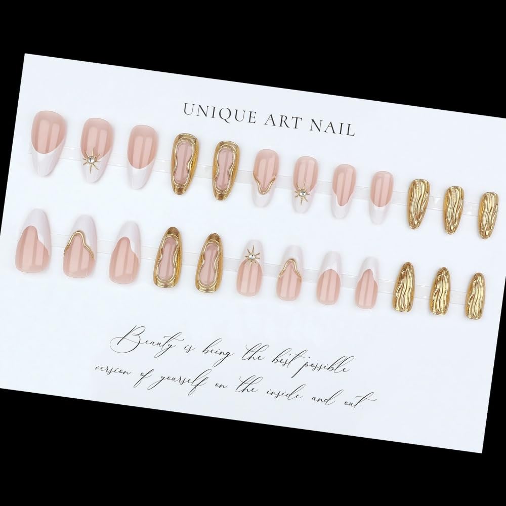 Medium Almond Press on Nails French Tips Nails Press on with 5D Star Charm Design Glossy Gold Lines Glue on Nails Metallic Golden Fake Nail Full Cover Beauty and Personal Care BLGTGH