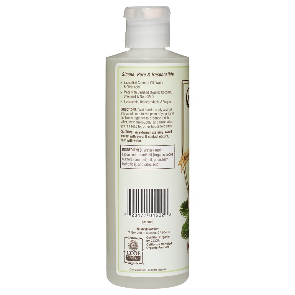 NutriBiotic - Pure Coconut Oil Soap, Unscented 8 Oz | Certified Organic, Unrefined, Biodegradable | Vegan & Made without GMOs, Gluten, Parabens or