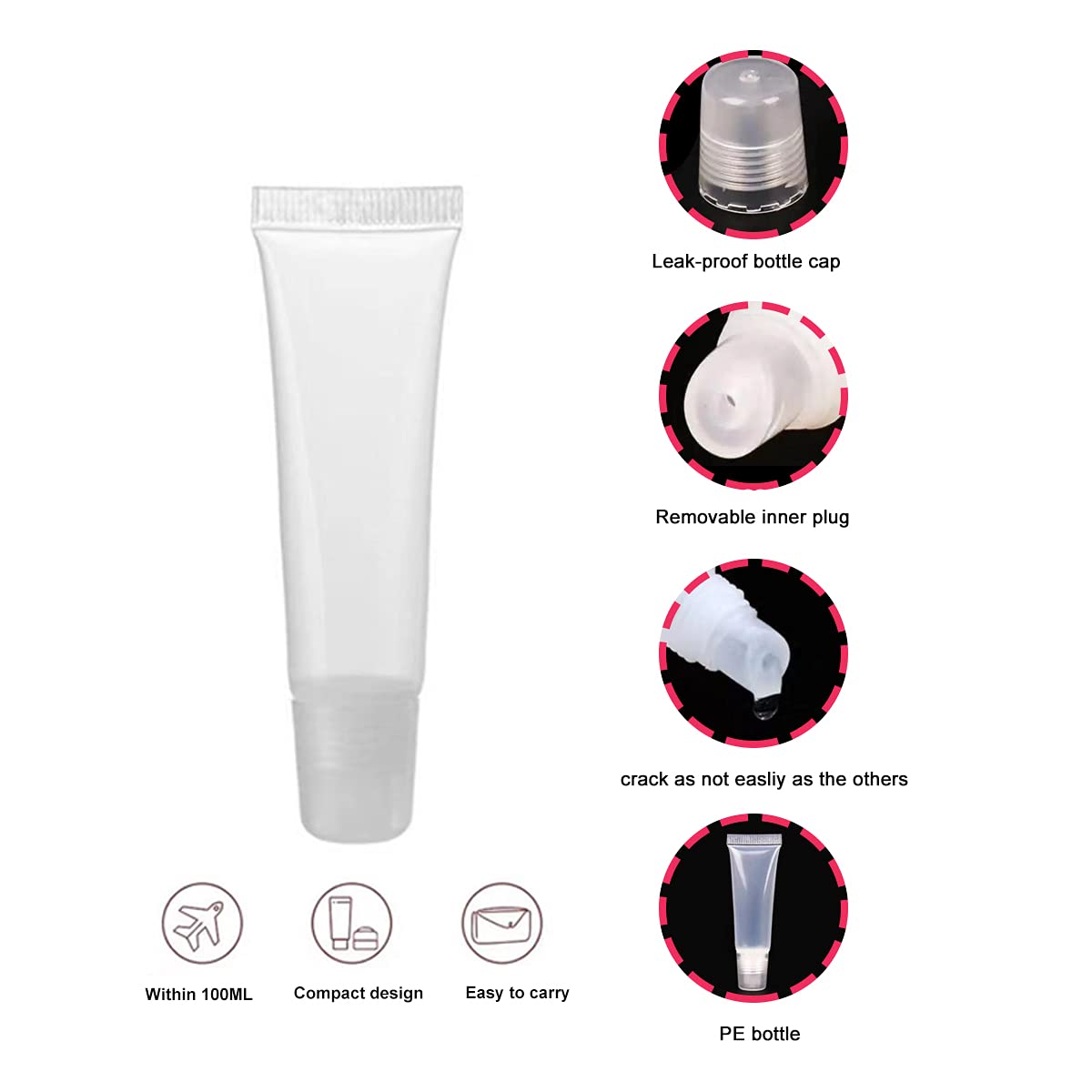 Ewanda store 50PCS 10ml Empty Lip Gloss Balm Tubes Lip Gloss Containers Cute Lipgloss Supplies Squeeze Tubes with Bevel Stoppers