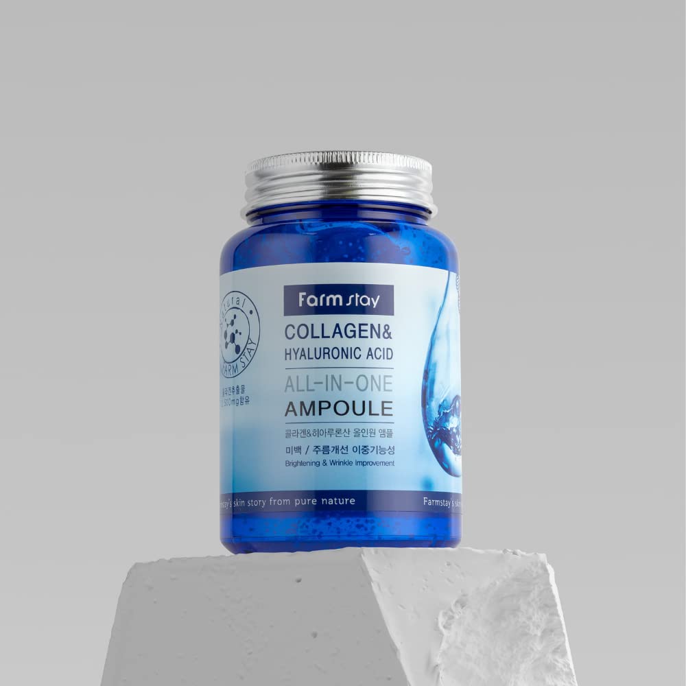 Farmstay Collagen and Hyaluronic Acid All-in-One Ampoule - Face Serum Reduces Fine Lines and Wrinkles - Serum for Face with Marine Collagen - 8.45 oz