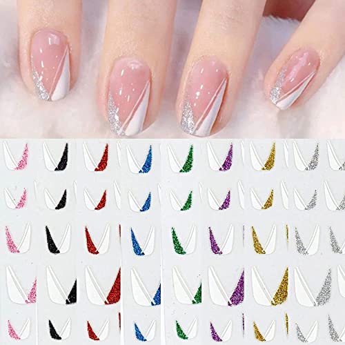 French Nail Art Sticker, 3D Self-Adhesive French Nail Decals Tips V Shape Nail Guides for Manicure DIY Nail Decoration (8Sheets)